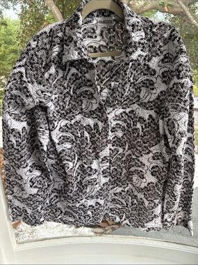 Chico's Black and White Floral Lace-Effect Button Jacket-Size 3 (XL)-Eyelet